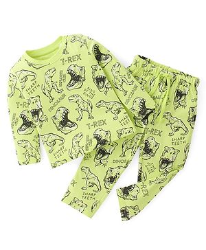 Babyhug Cotton Knit Full Sleeves Dino Printed Night Suit - Green