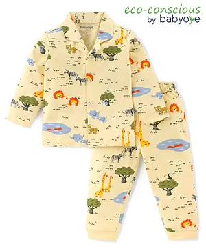Babyoye 100% Cotton With Anti Bacterial Finish Full Sleeves Night Suit Jungle Safari Theme - Yellow
