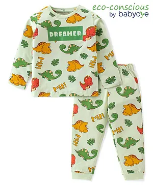Babyoye 100% Cotton Knit With Anti Bacterial Finish Full Sleeves Night Suit Dino & Text Print - Green