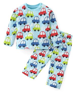 Babyhug Cotton Single Jersey Knit Full Sleeves Night Suit Car Print - Blue