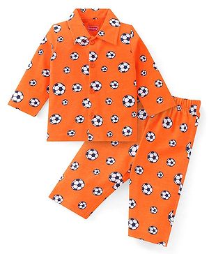 Babyhug Cotton Knit Full Sleeves Footballs Print Night Suit - Orange
