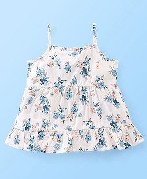Babyhug Rayon Woven Sleeveless Top with Corsage Detailing &  Floral Print - White & Blue