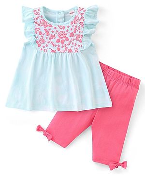 Babyhug Half Sleeves 100% Cotton Top and Capri With Floral Embellished - Blue & Pink
