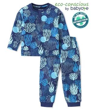 Babyoye 100% Cotton Full Sleeves with Anti Bacterial Finish Sea Weeds Printed Night Suit - Blue