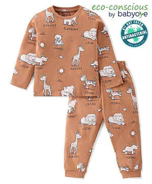Babyoye 100% Cotton Full Sleeves with Anti Bacterial Finish Safari Printed Night Suit - Brown
