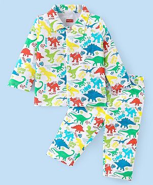 Babyhug Cotton Knit Full Sleeves Night Suit with Dino Print - White
