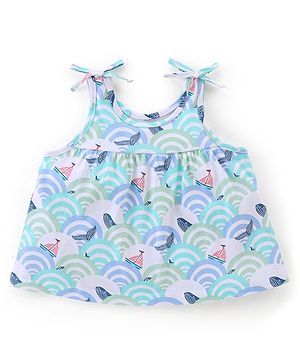 Babyhug 100% Cotton Singlet Sleeveless Top With Waves Graphics- White & Blue