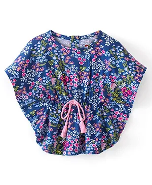 Babyhug Cotton Knit Half Sleeves Kaftan Top with Floral Print & Tassel Detailing - Blue & Purple