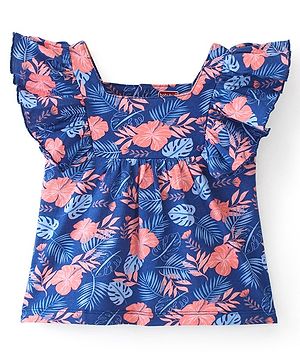 Babyhug 100% Cotton Knit Half Sleeves Top with Frill Detailing & Floral Print - Blue & Pink
