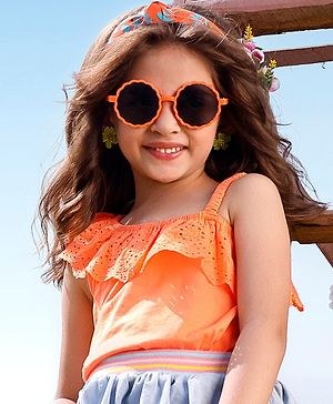 Babyhug 100% Cotton Sleeveless Asymmetrical Top with Schifilli Detailing - Orange