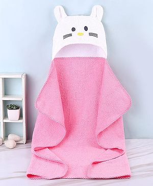Babyhug Terry Woven Hooded Towel Kitten Print L 76 x B 76 cm - Pink & White