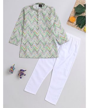 The Magic Wand Full Sleeves Abstract Chevron Designed & Sequin Embroidered Kurta & Pyjama Set - Green