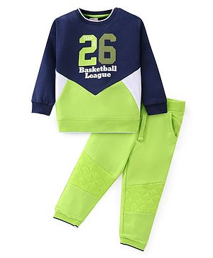 Babyhug 100% Cotton Full Sleeves T-Shirt & Lounge Pants With Text Print - Green & Navy Blue