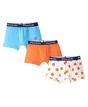 Pine Kids Cotton Spandex Knit Boxers With Basketball Print Pack of 3 - Blue White & Orange