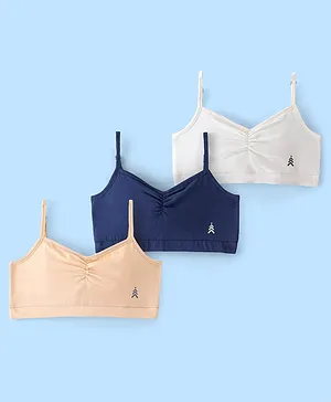 Pine Kids Cotton Sleeveless Bralettes Solid Colour Set of 3 - Blue Beige and White