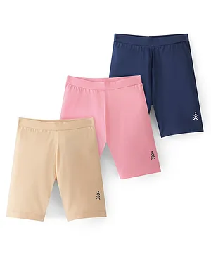 Pine Kids Cotton Lycra Knit Knee Length Solid Color Cycling Shorts Pack Of 3 - Pink Blue & Beige
