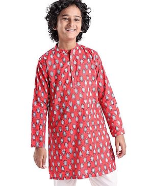 Pine Kids 100% Cotton Woven Full Sleeves Kurta & Pajama Set Floral Print - Maroon