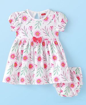 Babyhug 100% Cotton Knit Half Sleeves Frock with Bloomer & Bow Floral Print - White