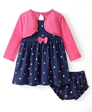 Babyhug 100% Cotton Full Sleeves Frock With Bloomer Polka Dots Print - Pink & Navy Blue