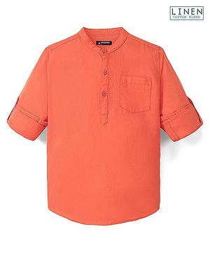 Pine Kids Linen Full Sleeves Solid Color Kurta Shirt - Orange