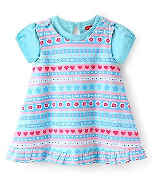 Babyhug 100% Cotton Knit Floral Print Frock with Half Sleeves Solid Color Inner T-Shirt - Blue