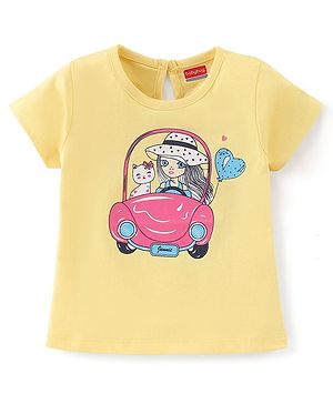 Babyhug 100% Cotton Half Sleeves T-Shirt With Kitty Graphics- Yellow