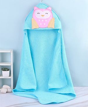 Babyhug Terry Woven Hooded Towel & Wrappers Owl Patch  L 76 x B 76 cm - Aqua Blue