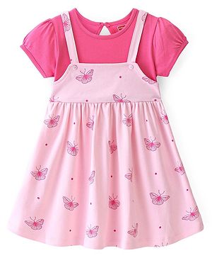 Babyhug 100% Cotton Knit Half Sleeves Frock with Butterfly Print - Pink