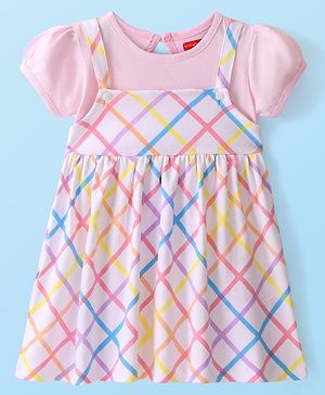 Babyhug 100% Cotton Half Sleeves Frock With Checkered Print - Pink