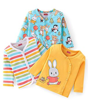 Babyhug 100% Cotton Full Sleeves Front Open Vests Animal Print Pack of 3 - Yellow and Blue