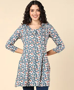 Zelena Three Fourth Sleeves Floral Printed  Maternity Top With Pocket & Concealed Zipper Nursing Access - Light Blue