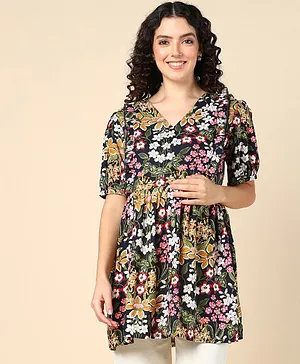 Zelena Balloon Half Sleeves Seamless Flowers Printed Maternity Top With Concealed Zipper Nursing Access & Side Pockets - Multi Color