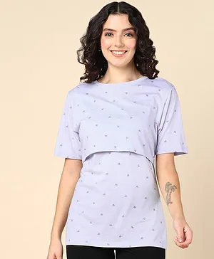 Zelena Half Sleeves Stars Printed Maternity Top With Zip Less Nursing Access - Purple