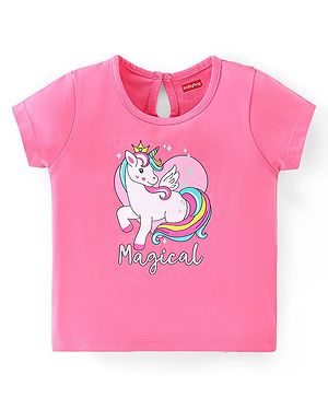 Babyhug 100% Cotton Knit Half Sleeves Top With Unicorn Graphics - Pink