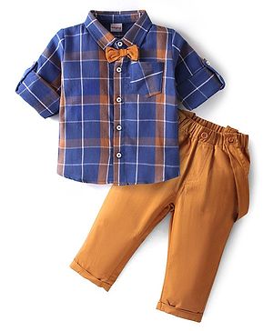 Babyhug  Cotton Woven Full Sleeves Checks Shirt & Trouser Set with Bow & Suspender - Blue