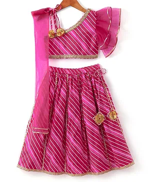 Teentaare Cotton Woven Sleeveless Choli With Lehenga And Dupatta Stripe Design - Pink