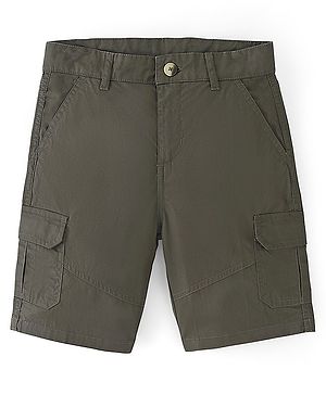 Pine Kids Cotton Woven Solid Shorts with Adjustable Elasticated Waist- Olive