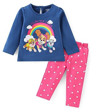 Babyhug Cotton Knit Full Sleeves Night Suit With Paw Patrol Print - Navy Blue & Pink