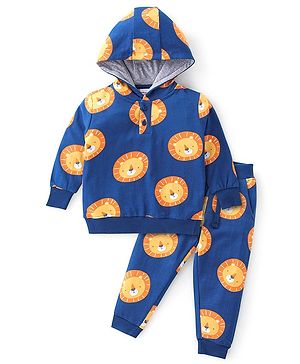 Babyhug 100% Cotton Full Sleeves Hooded T-Shirt & Lounge Pants With Lion Print - Navy Blue