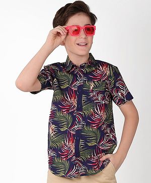 Pine Kids Cotton Half Sleeves Tropical Leaf Printed Shirt - Multicolour