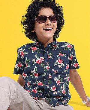 Pine Kids Cotton Half Sleeves Leaves Printed Shirt - Blue