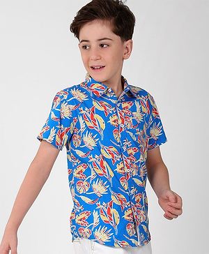 Pine Kids Cotton Half Sleeves Shirt All Over Tropical Print - Blue
