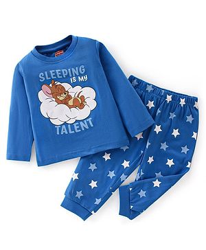 Tom And Jerry By Babyhug Cotton Single Jersey Knit Full Sleeves Night Suit Jerry Print - Blue