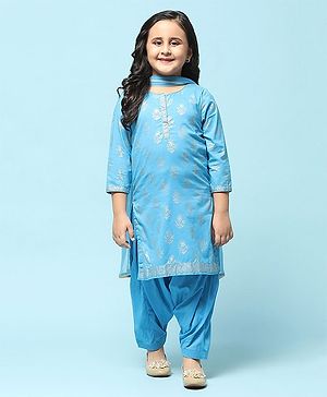 BIBA Three Fourth Sleeves Floral Foil Printed Kurta With Patiala & Dupatta Set - Blue