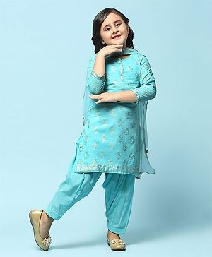 BIBA Full Sleeves Floral Foil Printed Straight Kurta Suit Set - Turquoise Blue