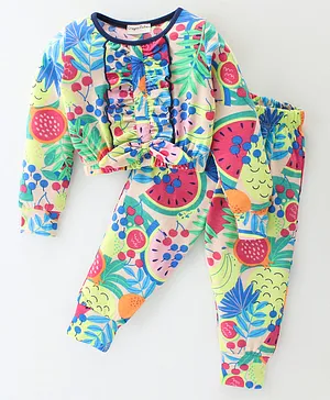 CrayonFlakes Full Sleeves Ruffle Detailed Abstract Fruits Printed Coordinating Top & Joggers Set - Green & Blue
