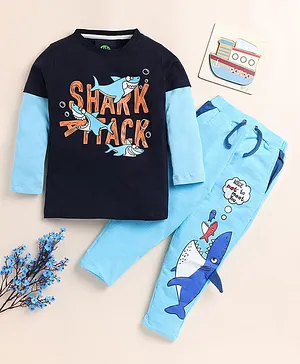 Little Marine Full Sleeves Shark Attack Printed Colour Blocked Tee With Track Pant - Navy Blue