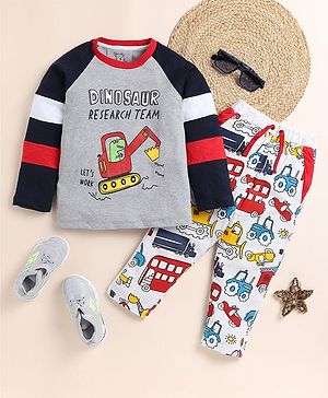 Little Marine Raglan Full Sleeves Dinosaur Research Team Printed Tee With Vehicles Printed Track Pant - Grey