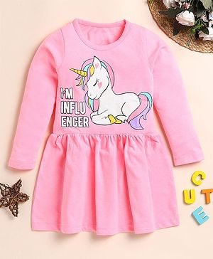 Little Marine Full Sleeves Unicorn Printed Dress - Pink