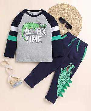 Little Marine Full Sleeves Relax Time Text Printed Coordinating Tee With Track Pant Set - Grey